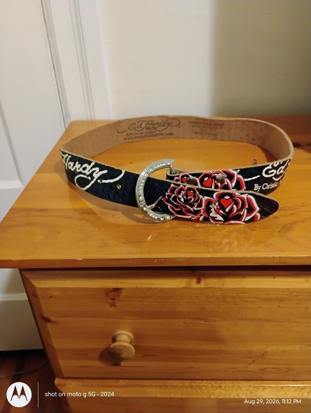 Ed Hardy Black Leather Rose Print Belt with Silver Buckle